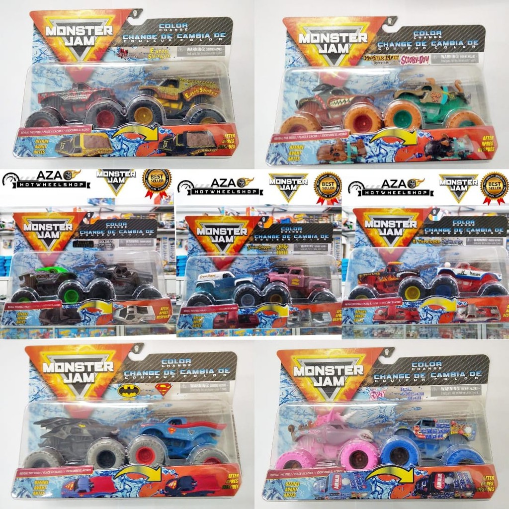 Monster Jam double 64 colour Color Change Batman Superman Earth Shaker El Toro Loco Grave Digger Mutt Scooby Doo