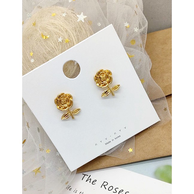 LRC Anting Tusuk Fashion Golden Flowers Matte Gold Three-dimensional Carved Rose Earrings F57498