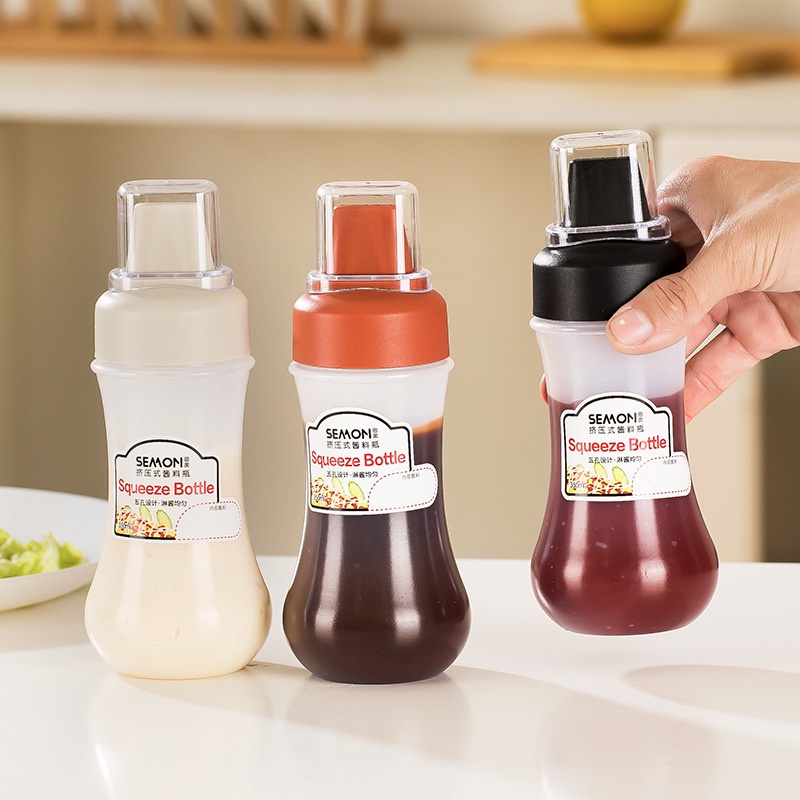 Dispenser Kecap Dapur Dengan Skala 350ML Botol Saus Pencet 5lubang Portable Dengan Tutup