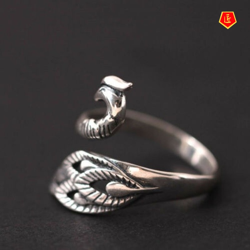 [Ready Stock]Creative Retro Winding Silver Black Peacock Ring