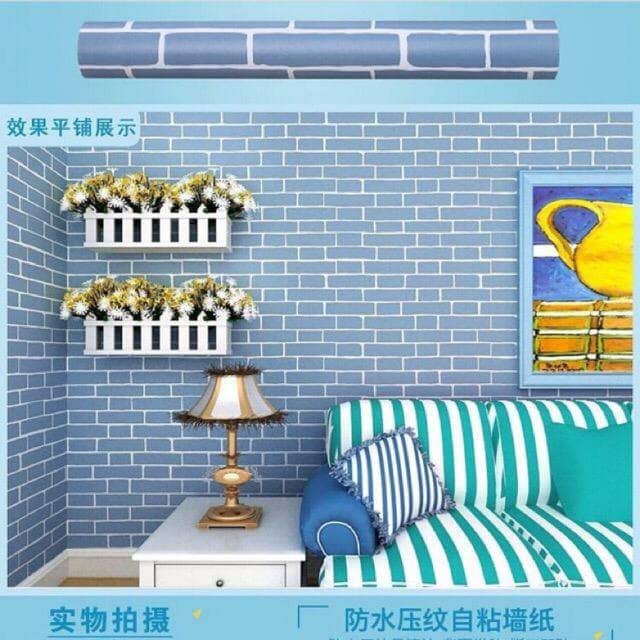 WALLPAPER DINDING MOTIF BATA BIRU LIST PUTIH 10m x 45cm