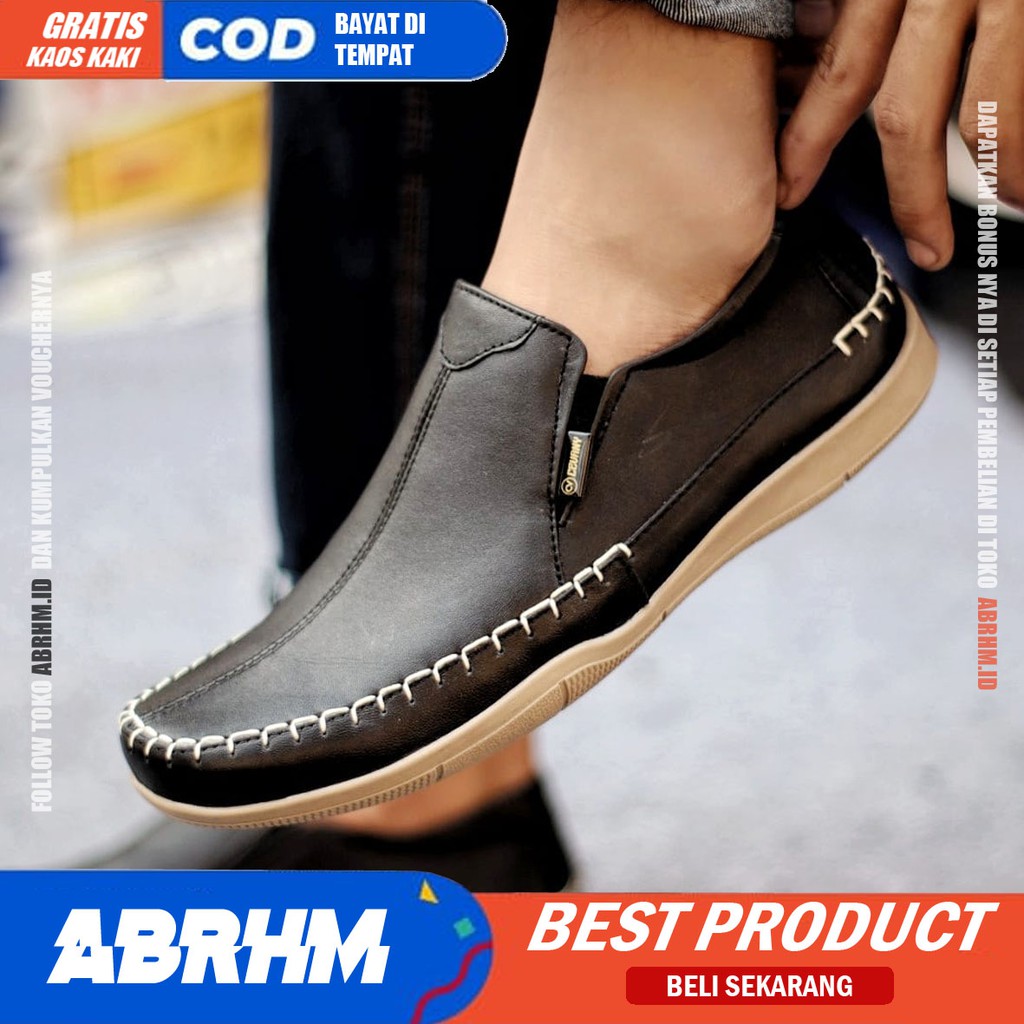 ABRHM X DIVOC Sepatu Casual Slip On Pria Sepatu Pria Casual Kulit Asli Sepatu Slop Anti Slip Cowok Sepatu Kasual Cowo Semi Formal Pantofel Kerja Kantor Kuliah Kondangan Gaya Santai Keren Kekinian Original Terlaris