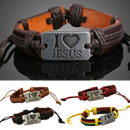 Gelang Unisex: Tulisan I LOVE JESUS Bahan Tali Kulit Rubah Imitasi Yang Dapat Diatur