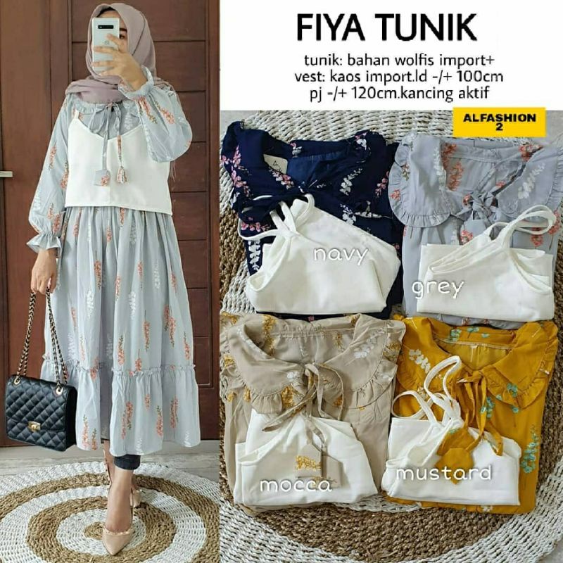 Fiya Tunik, TUNIK WANITA MUSLIM CANTIK BAHAN WOLFIS IMPORT+VEST KAOS IMPORT LD 102 PANJANG 120 OOTD