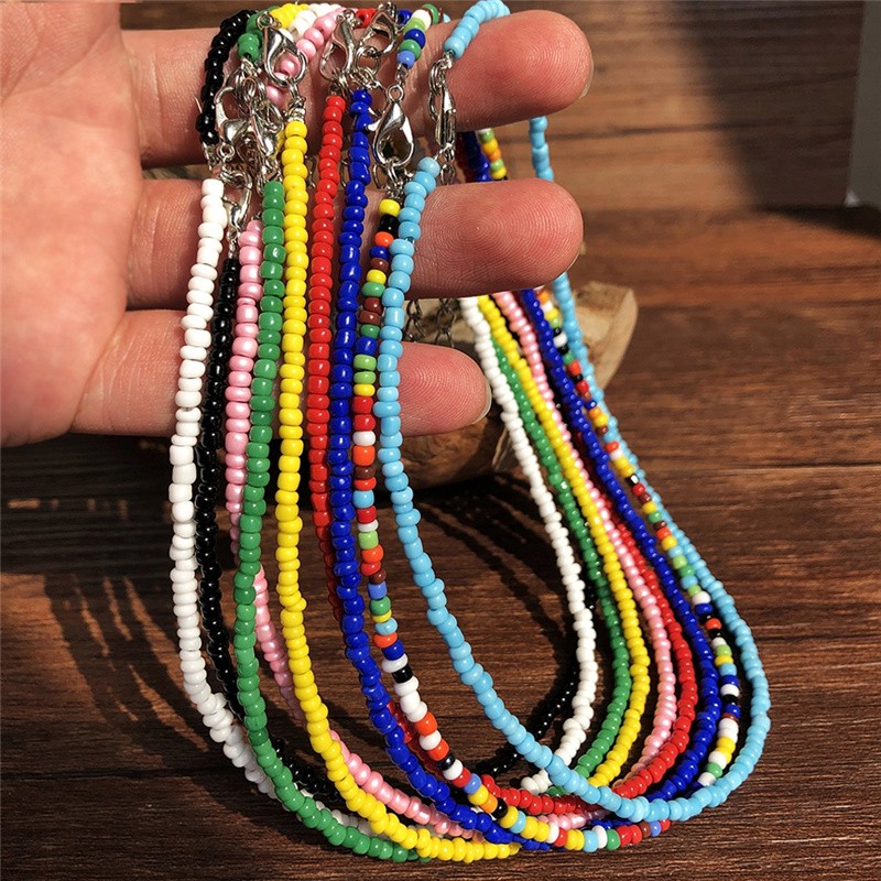 [ACKER] Bohemian Buatan Tangan Rainbow Beads Choker Kalung Pendek untuk Wanita Gadis Boho Permen Warna Manik-manik Kalung Mode Perhiasan