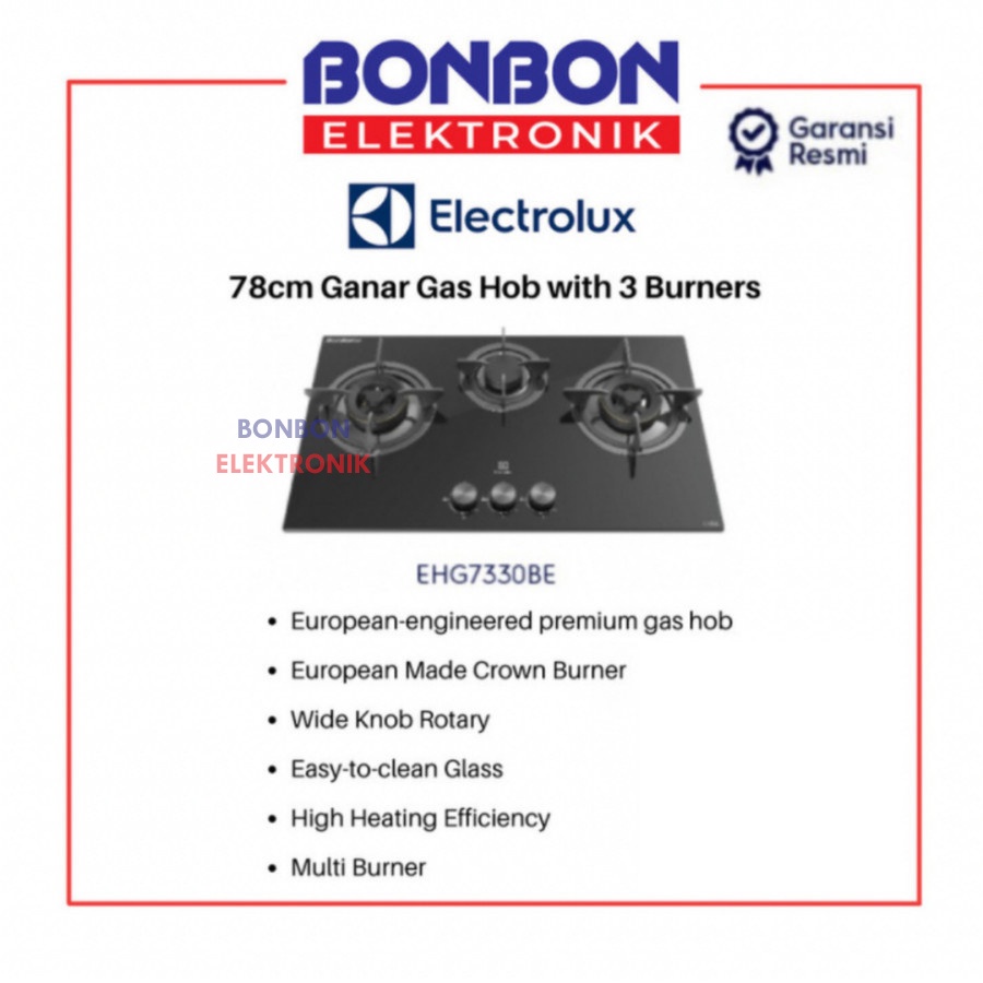 Electrolux Kompor Tanam 3 Tungku 78cm EHG7330BE / EHG 7330 BE