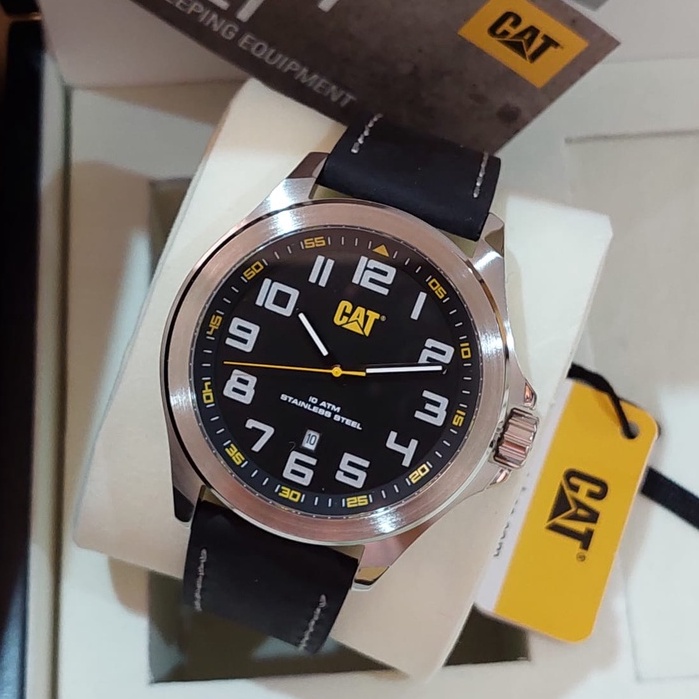 JAM TANGAN CATERPILLAR CAT PU.241.34.111 SILVER BLACK LEATHER PRIA ORIGINAL