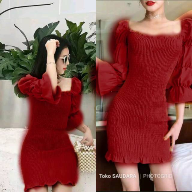 Dress sabrina full kerut tangan 3/4