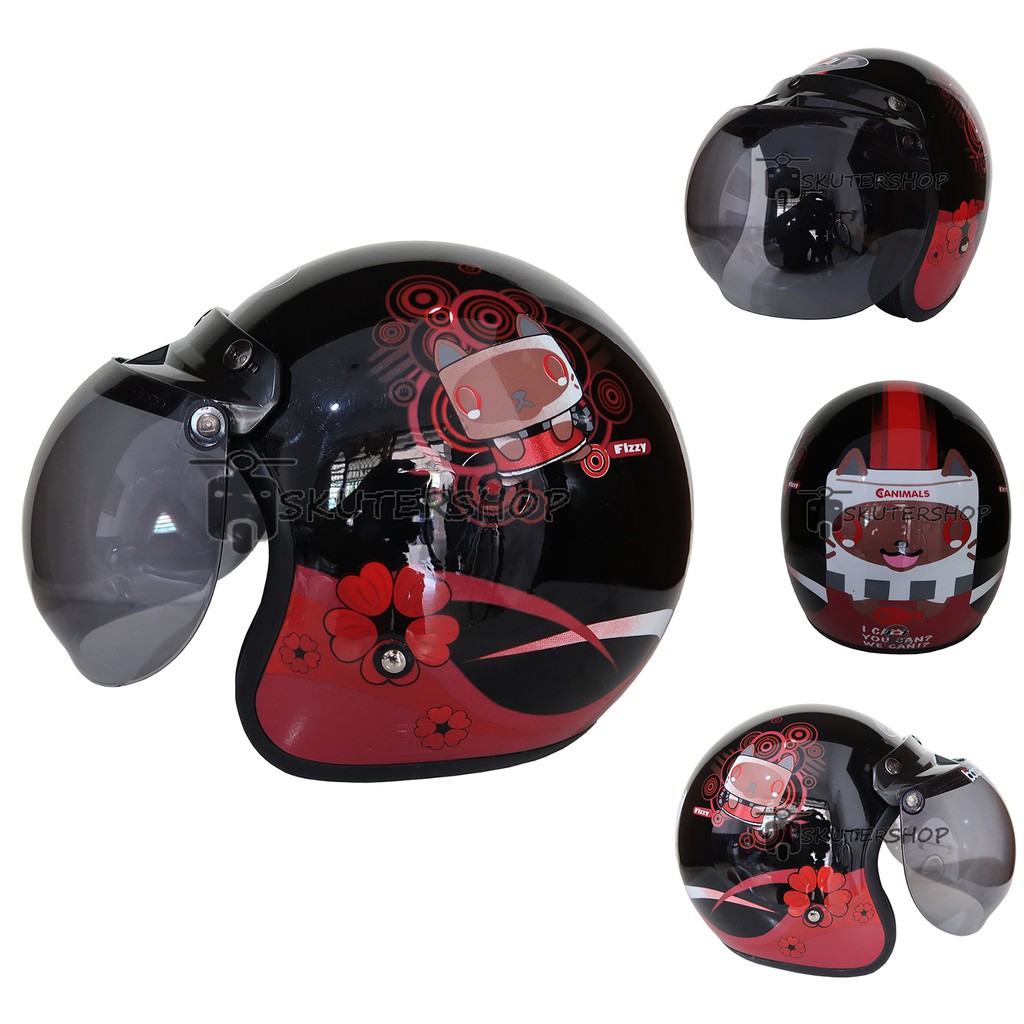 Andriawanhs JPN Helm Bogo Retro Klasik Animasi Kartun Fizzy Hitam Merah Glossy Kaca Bogo Ori