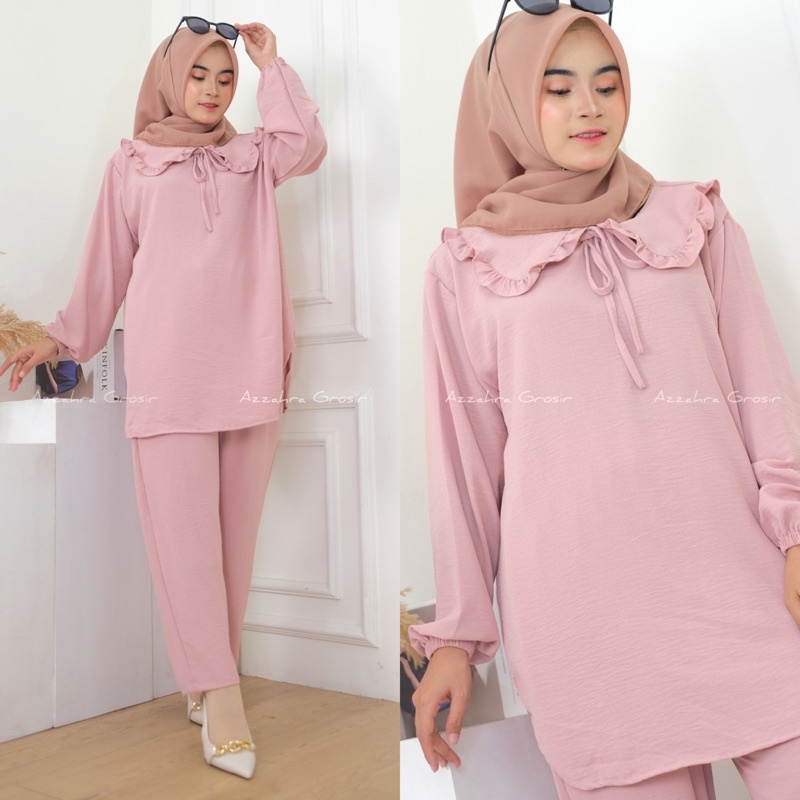 Azzahra Yuki Set Ld112 - SetCel Crinkle Jumbo Bigsize Oversize Kerah Pita tali One Set Setelan Wanita / 358-6889