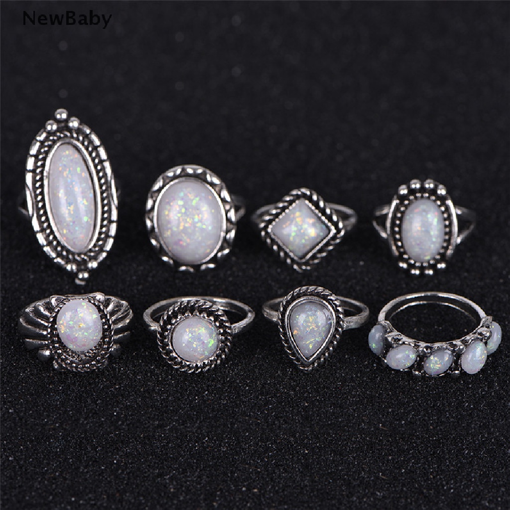 NewBaby 8PCS/Set Ring Silver White Fire Opal Ring Wedding Engagement Ring Women Jewelry ID