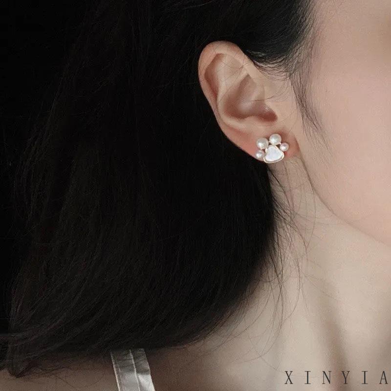 【Bayar di tempat】Anting Stud Desain Cakar Kucing Aksen Mutiara Bahan 925 Silver