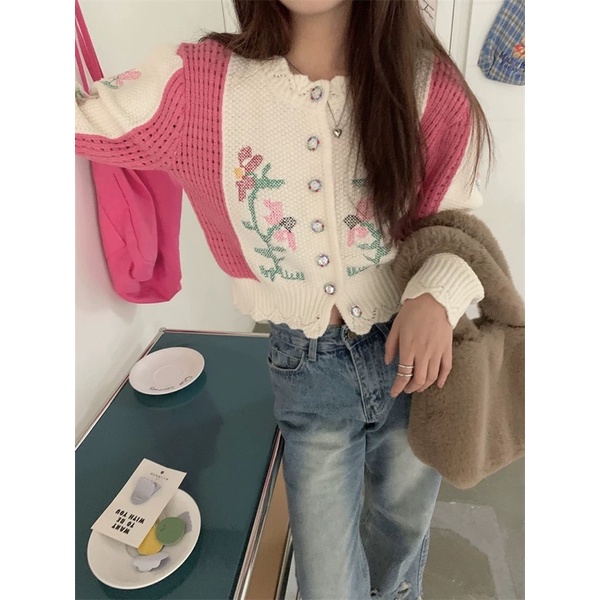 [ready stock] joy floral cardigan | atasan rajut tebal knit gaya korea motif bunga bunga floral