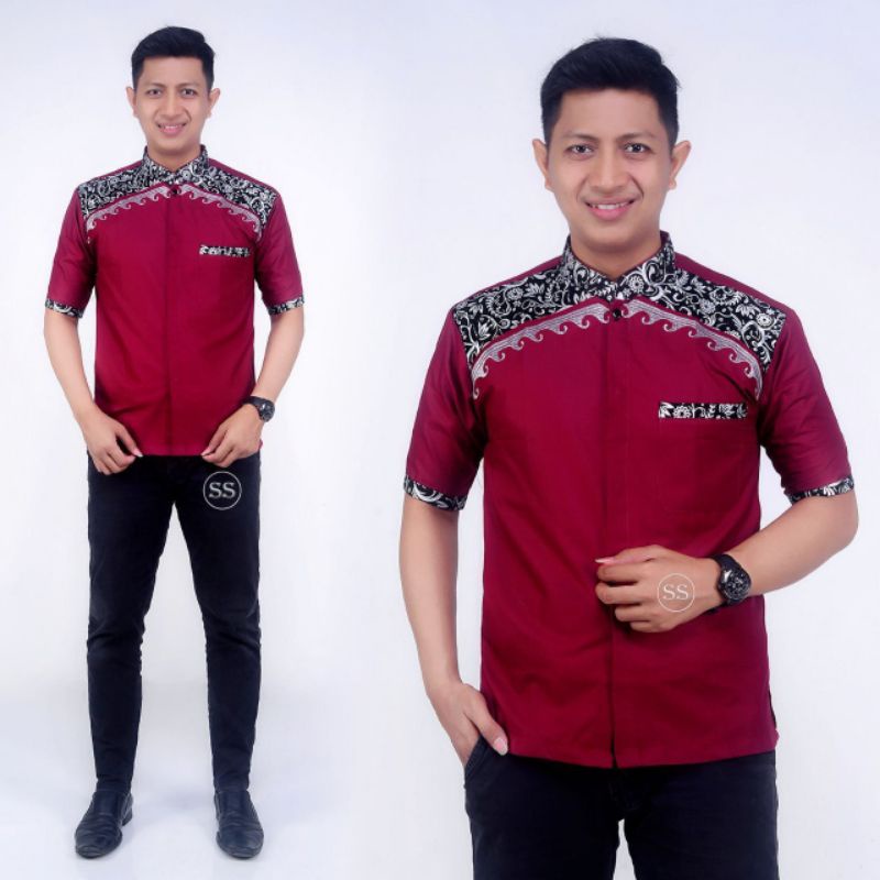 BAJU KOKO BORDIR MOTIF BATIK LENGAN PENDEK MERAH MAROON MIX SILVER PERAK M L XL LEBARAN FORMAL casua