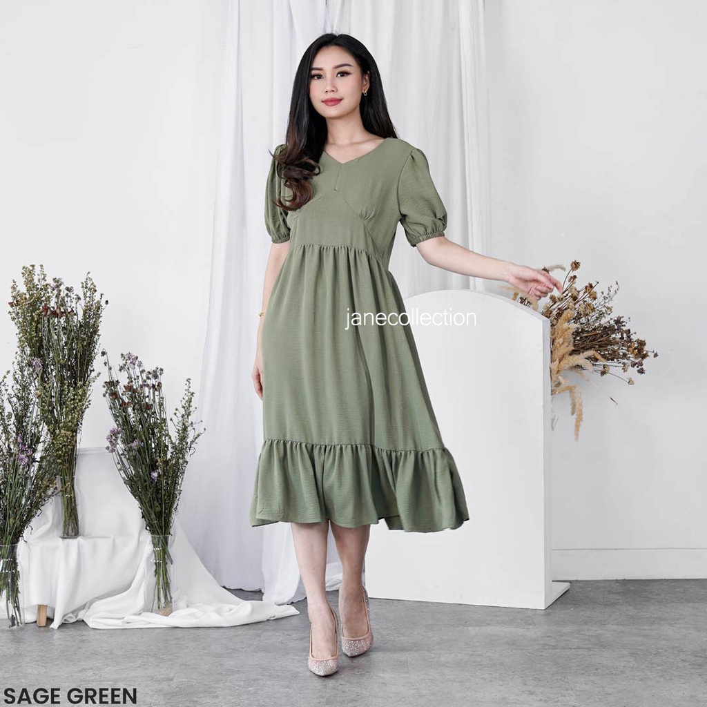 JANE COLLECTION || Midi Dress Wanita Hitam Lengan Balon Ada Karet Panjang Selutut V Neck XL Mila Layer Dress Putih Sage Green Biru Pink