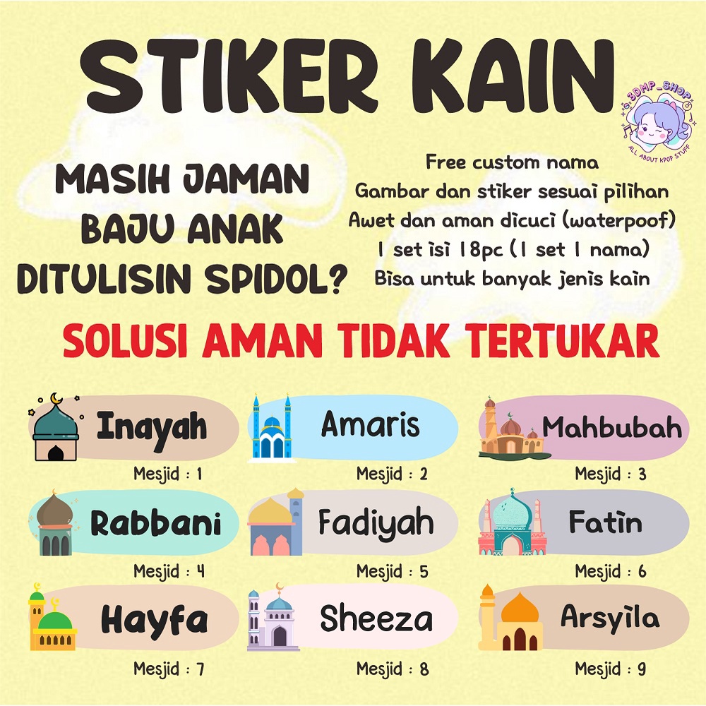 Stiker nama kain baju custom label sablon setrika laki laki pria anak perempuan muslim muslimah