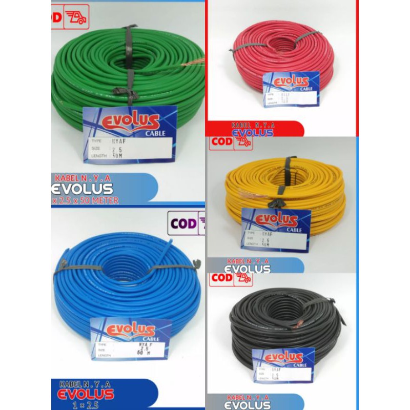 KABEL LISTRIK SERABUT TUNGGAL NYAF 1x2,5 - 50 meter EVOLUS (hitam/merah/kuning/biru/hijau)