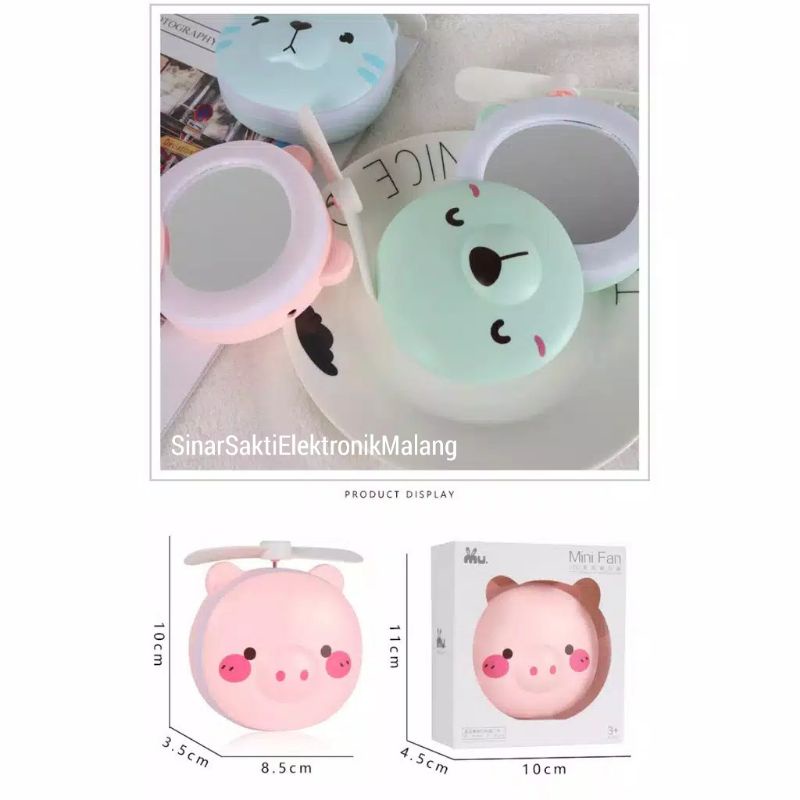 Cermin Lampu LED Mini Fan USB Lipat / Kaca Makeup Kipas Angin Karakter