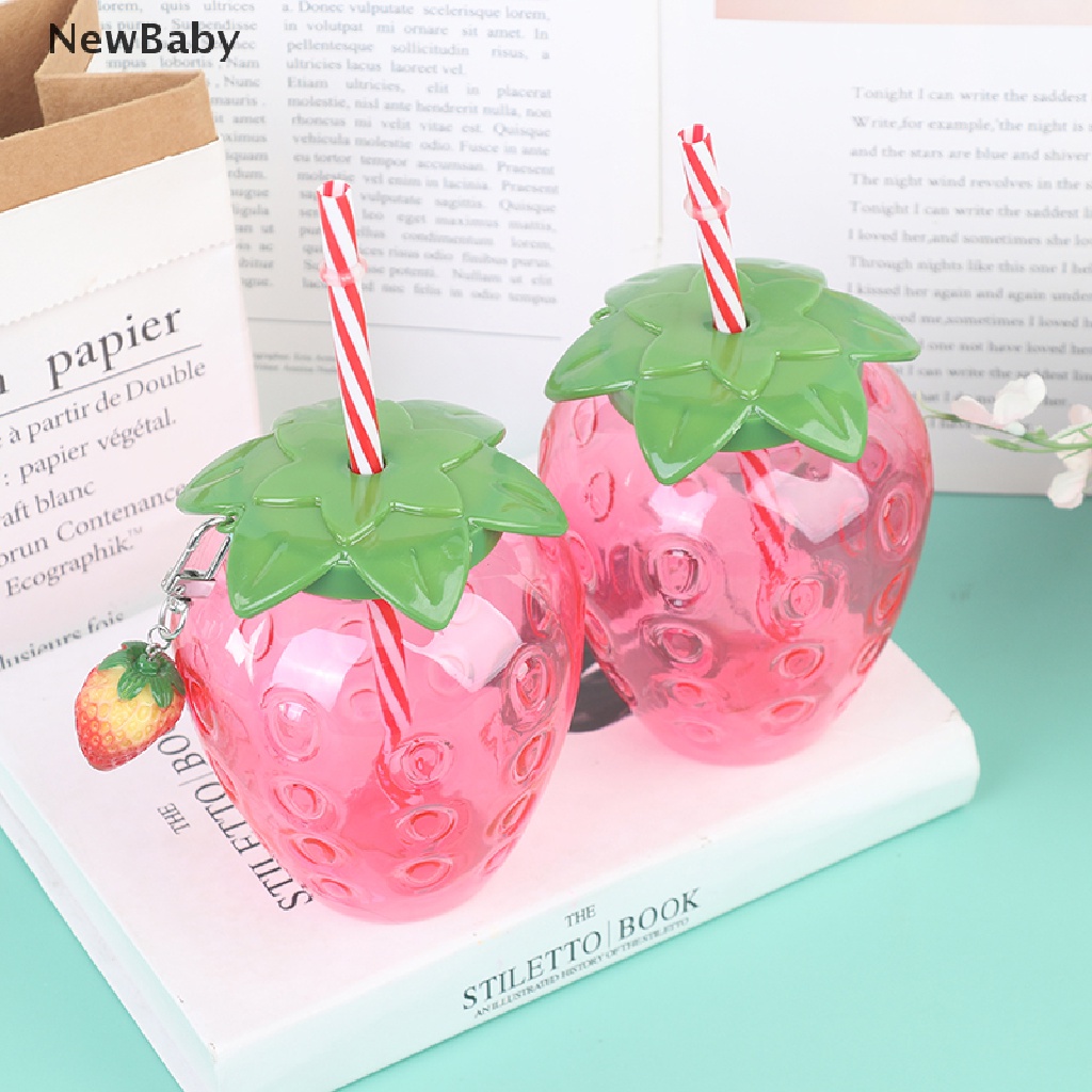 NewBaby Summer Cartoon Strawberry Straw Cup Plastic Cup Lovely Girl Portable Water Cup ID