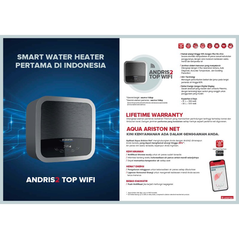 Ariston Andris 2 AN2 TOP Wifi 15 liter 350 watt Water Heater Pemanas Air Hangat Mandi