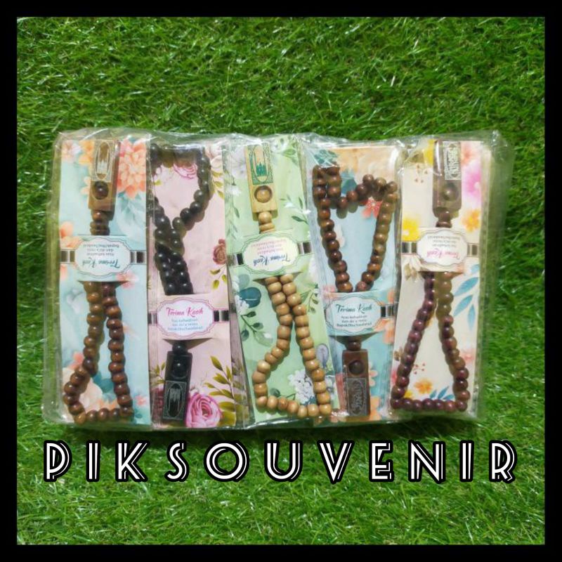 50PCS Souvenir Tasbih Kayu Plat 33 Butir Kemasan Alas kertas Kado Motif Hadiah Pernikahan