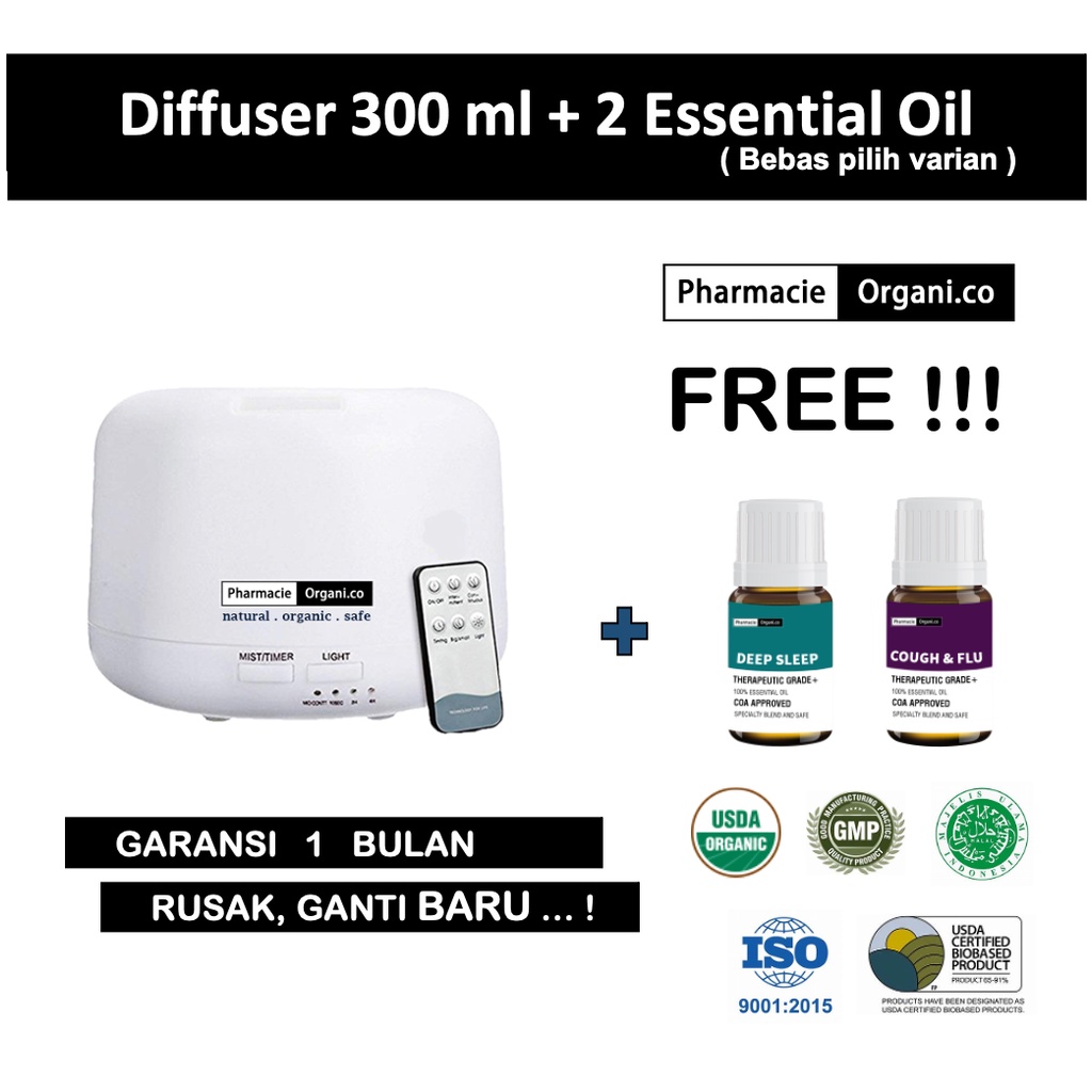 Paket Diffuser 500 ml FREE 3 Essential Oil 10 ml by Pharmacie Organico-300 ml + FREE 2 Oil