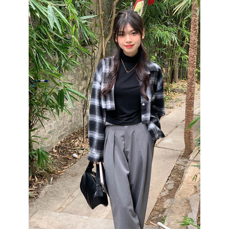 Kemeja Kotak-kotak Lengan Panjang Wanita Crop Top Retro Korea Style longgar Casual Import Blouse