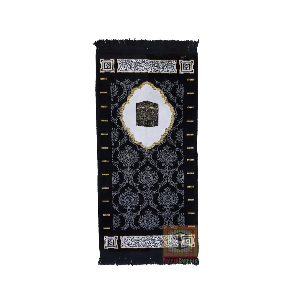 Sajadah Muslim Size 51x102cm Black Desain Kakbah Dengan Glitter Emas Motif Line Arch