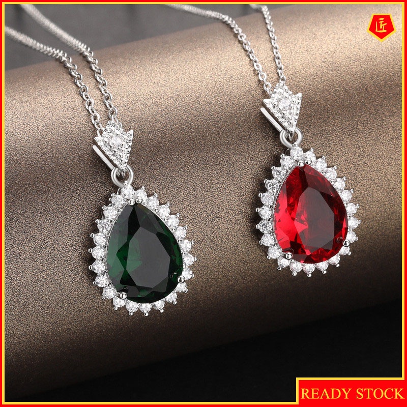 [Ready Stock]Fashion Inlaid Color Ruby Necklace Simple All-Match Emerald Water Drop Pendant