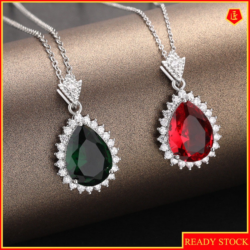 [Ready Stock]Fashion Inlaid Color Ruby Necklace Simple All-Match Emerald Water Drop Pendant