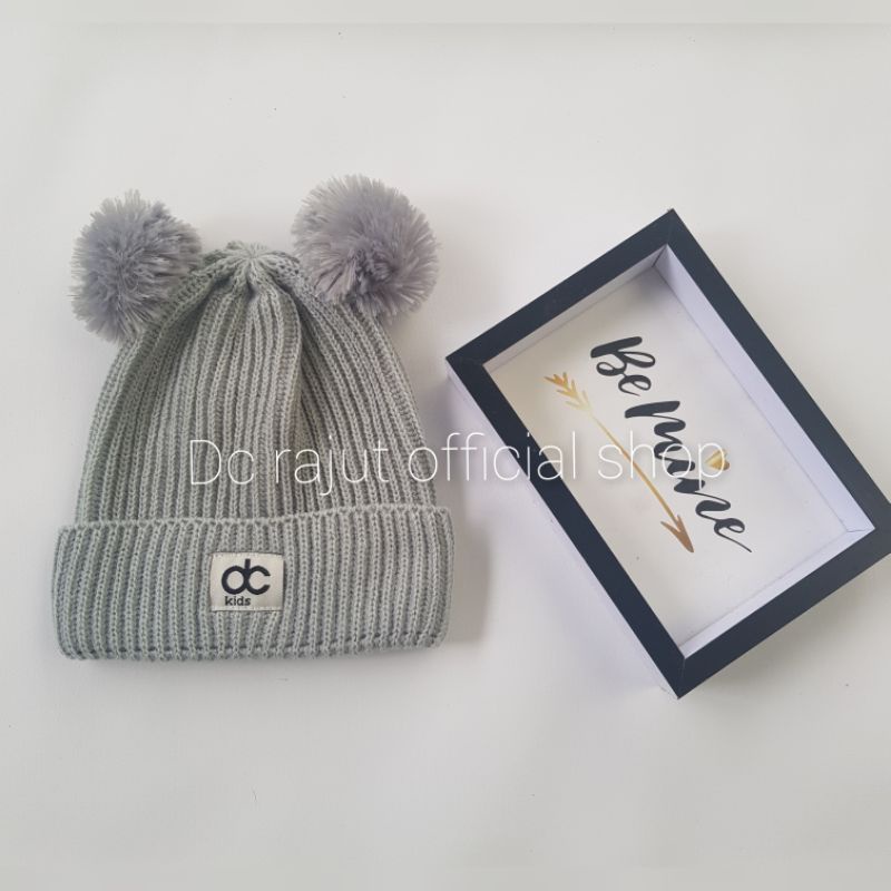 Topi Rajut Anak Pompom Kupluk Rajut Anak Bayi Pompom-Abu Muda