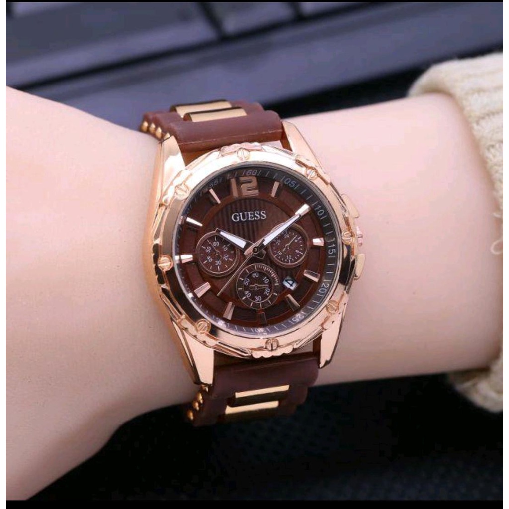 [Grosir] JAM TANGAN WANITA CEWEK GUESS RUBBER TANGGAL AKTIF CHRONO OFF - COD