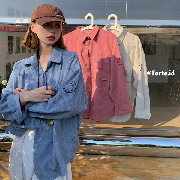 Kemeja Lengan Panjang Wanita Korean Style Blouse Corduroy Shirt Oversize Import Baju Atasan