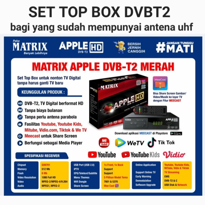 Antena Tv - Receiver Set Top Box Dvbt2 Matrix Apple Hd Antena Tv Digital