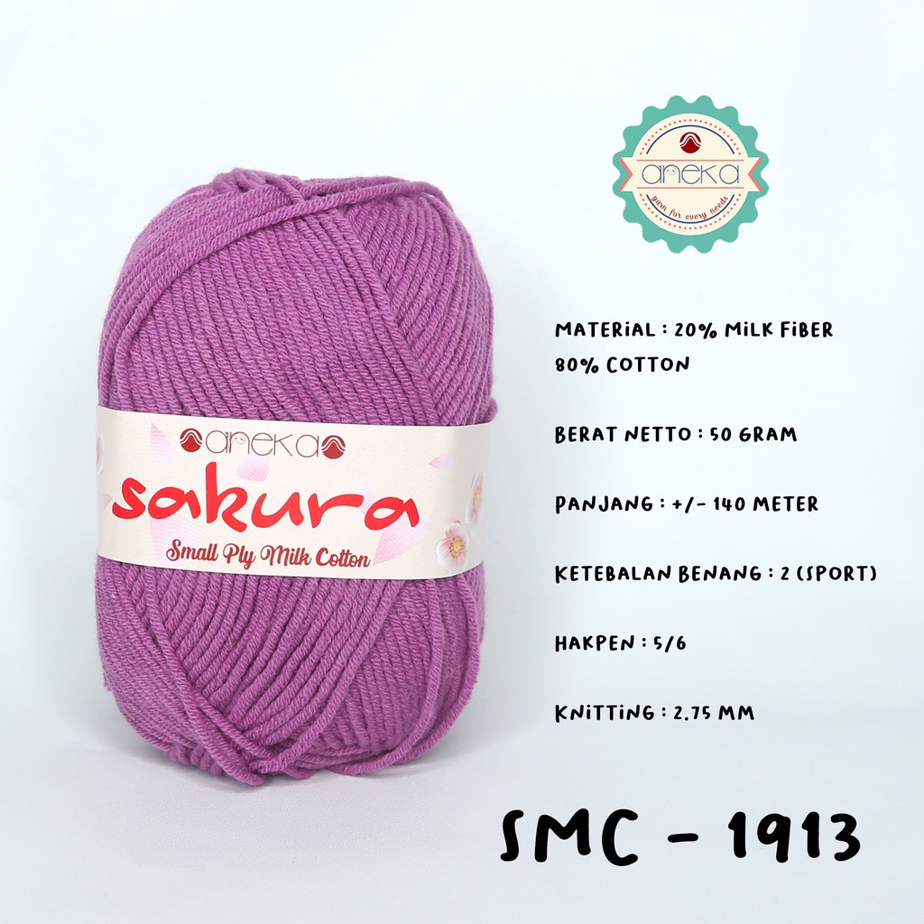 Benang Rajut Katun Susu 4 Ply / Sakura SMALL PLY Milk Cotton Yarn - 1913