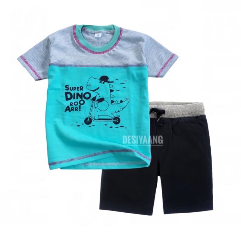 SET ANAK Laki Laki KAOS Oblong Two Tone DAN CELANA Pendek RIB MOTIF Size S Usia 3-4  Tahun