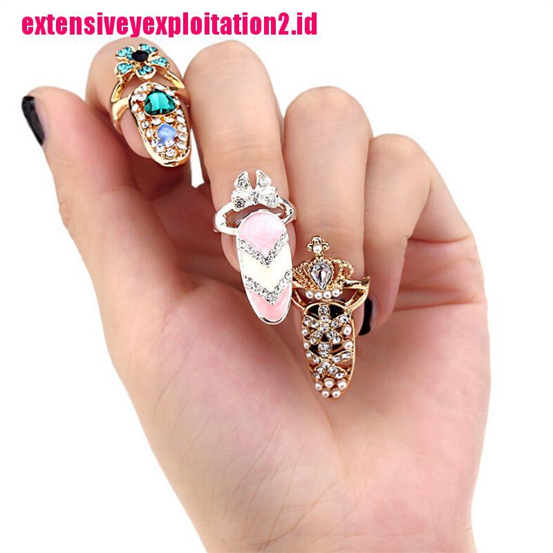 &lt; E2id &amp; &gt; Cincin Kuku Elegan Motif Mahkota / Bunga / Kristal / Pita Accent Untuk Wanita