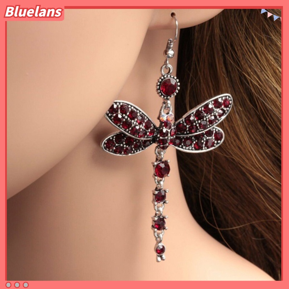 Bluelans Women Dragonfly Shape Dangle Rhinestone Hook Statement Earrings Jewelry Gift