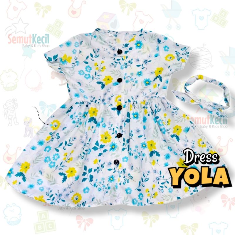 YOLA 1-4 THN DRESS ANAK BAYI PEREMPUAN KANCING DEPAN KATUN CATRA FREE BANDANA Baju Anak Bayi Perempuan Cewek Dres Baby Girl-G WhiteFloBlueYellow