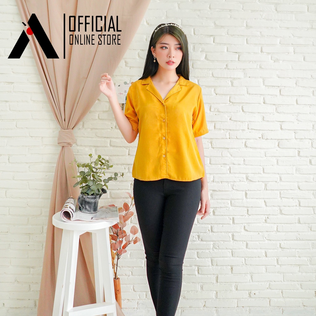 KEMEJA WANITA LENGAN PENDEK BASIC POLOS FASHION KULIAH&SANTAI TERBARU-Mustard