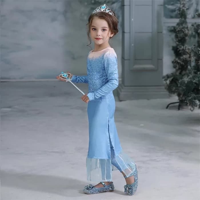 Baju Frozen 2 Anak Perempuan Stelan Elsa Ratu Gaun Celana Panjang Set Cosplay Costume Lengan Panjang