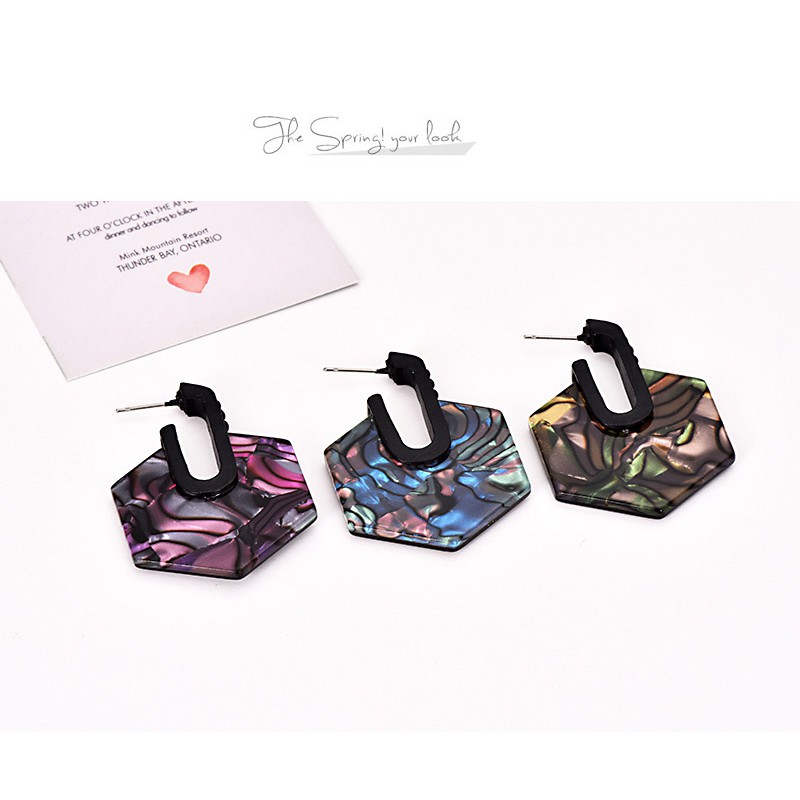 LRC Anting Tusuk Fashion Purple Alloy Resin Hexagonal Earrings F44425