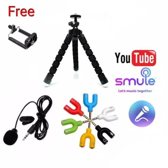 Paket Youtube lengkap 6 Tripod spider Aux splitter mic clip on