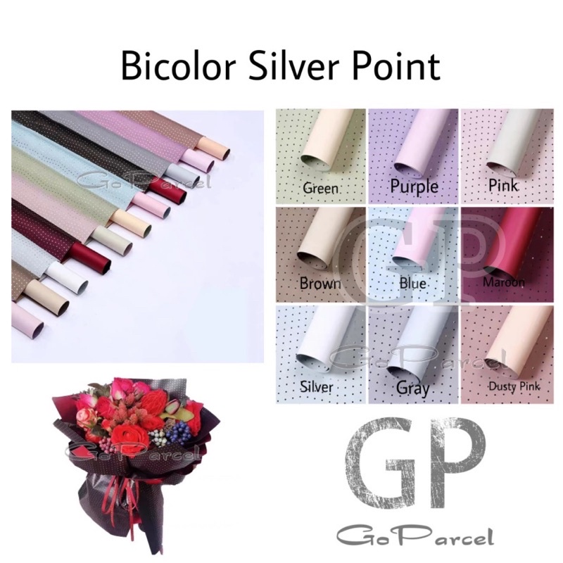 ( 5 Lembar ) BICOLOR SILVER POINT - FLOWER WRAPPING PAPER KOREAN POLKADOT CELLOPHANE / KERTAS BUNGA PAPER DOUBLE COLOR BUKET BOUQUET