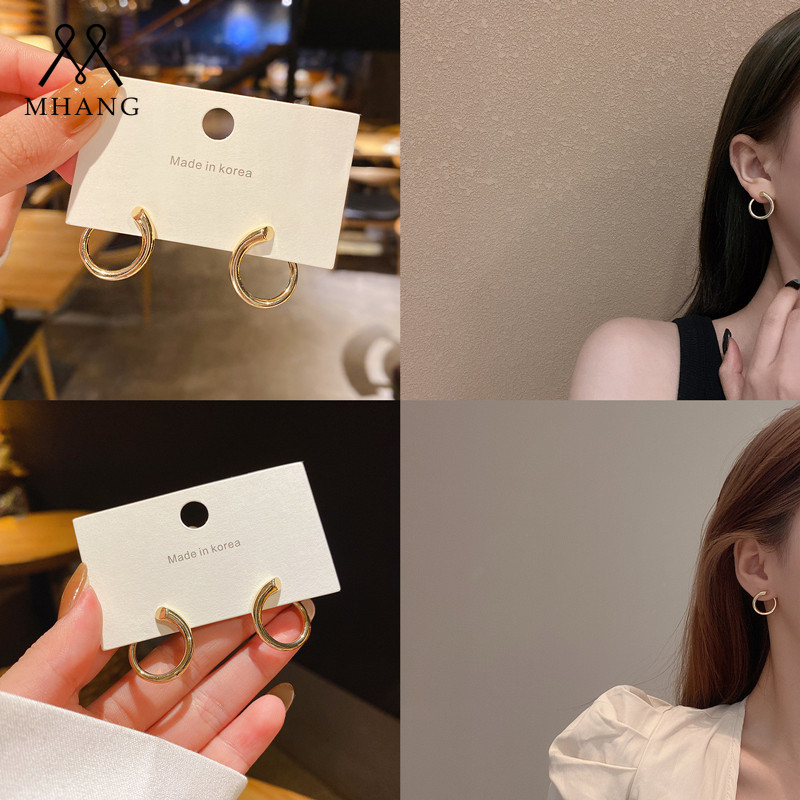 【MHANG】Anting Berbentuk C Retro Sederhana Fashion Anting Logam Bulat Serba Cocok Aksesoris Perhiasan Gadis Korea Berkualitas Tinggi