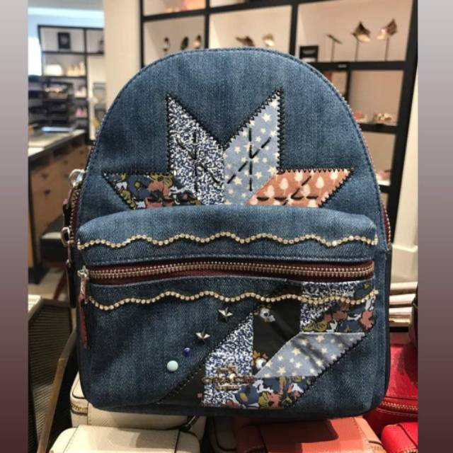 Coach Mini Charlie Backpack with Star Patchwork (color denim multi/silver)