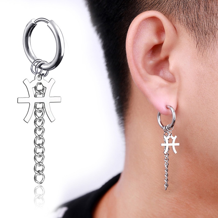 Anting titanium anti karat model tusuk tindik jepit cowok pria motif zodiak silver rantai panjang fashion korea import murah-Pisces