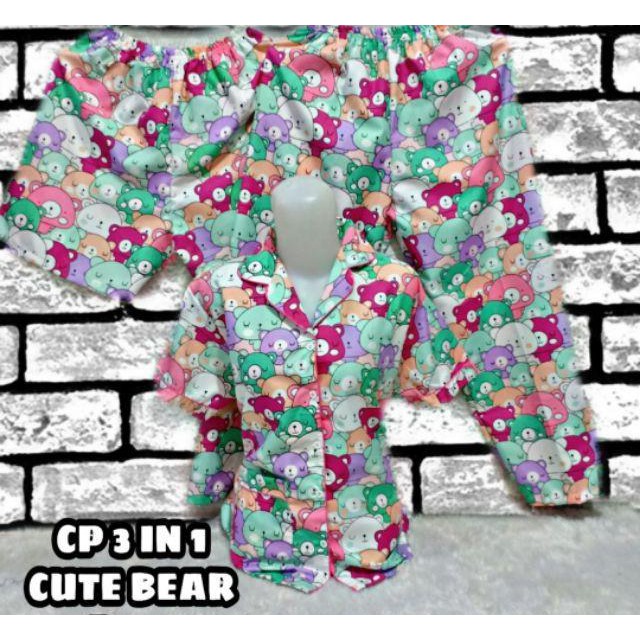 LFF - Piyama 3in1 Piyama Baju Tidur Motif Teddy Bear Size L Fit To XL