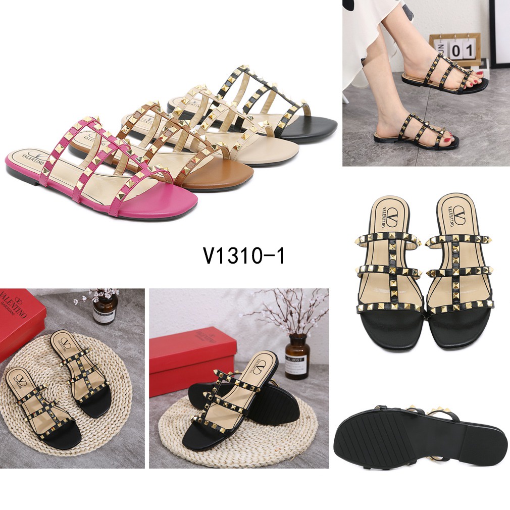 Leather Rockstud Flat Slides Sandals V1310-1