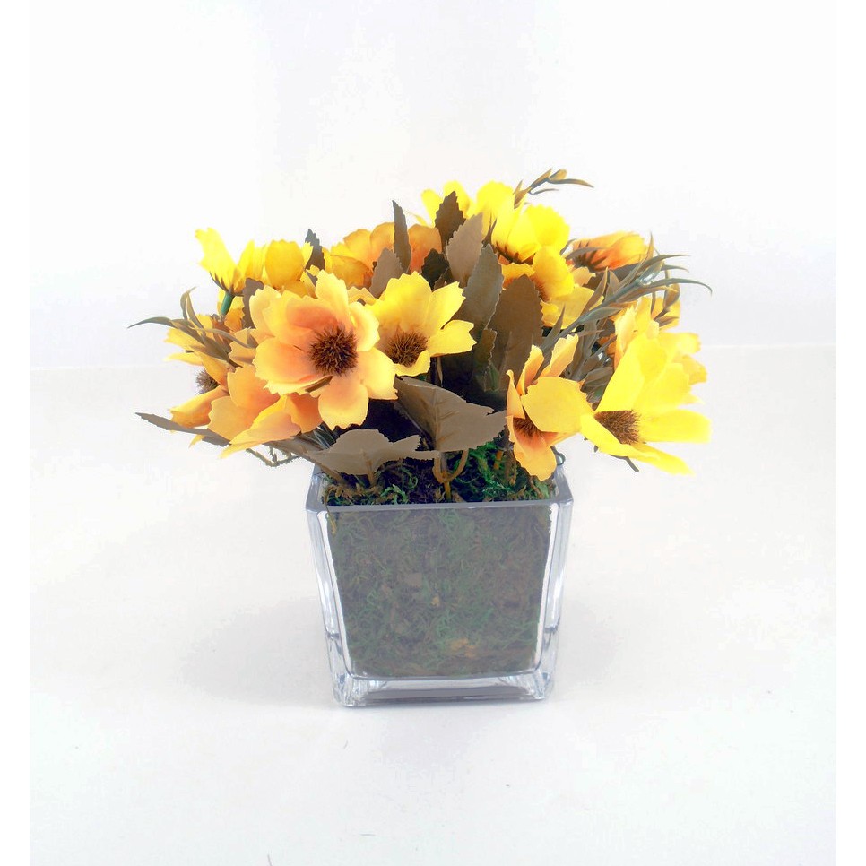 Naindo Bunga Matahari + pot kaca hiasn ruang tamu & kantor-bunga plastik-tinggi 15 cm